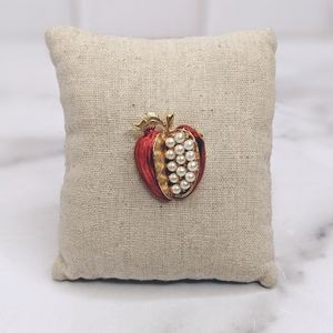 Vintage red enamel & faux pearl apple brooch